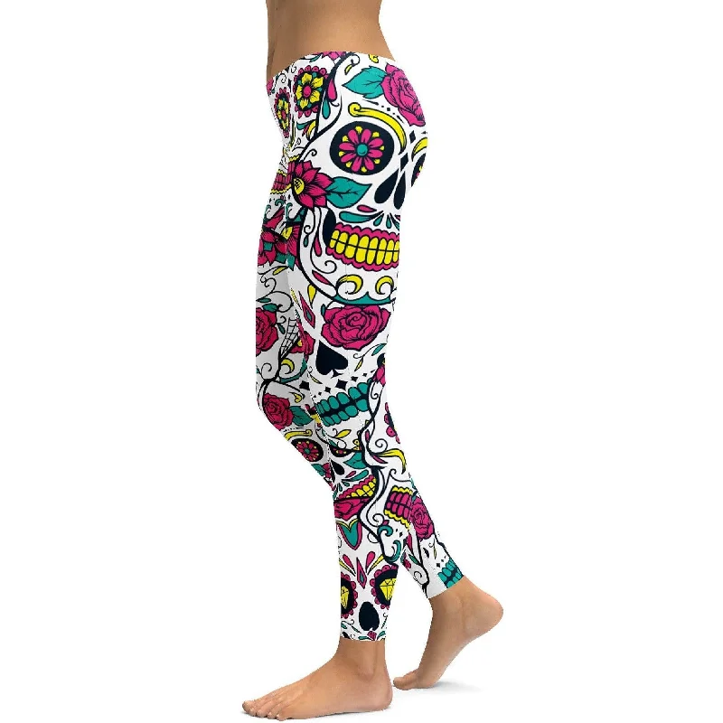 Colorful Sugar Skull Leggings Streetwear Style for 