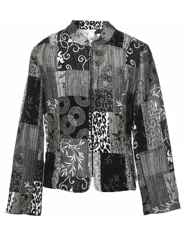 Black & Silver Metallic Patchwork Jacket - M Feminine Women's Soft 