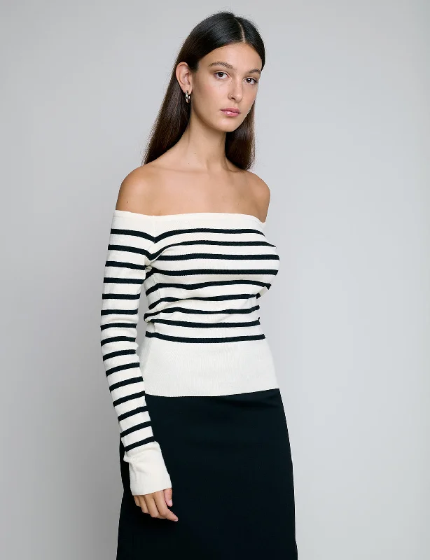 Marcel Cream Stripe Off-The-Shoulder Top Youthful Women's Anime - inspired