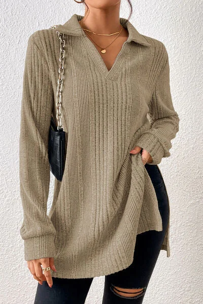 Slit Johnny Collar Long Sleeve Sweater Feminine Women's Soft 