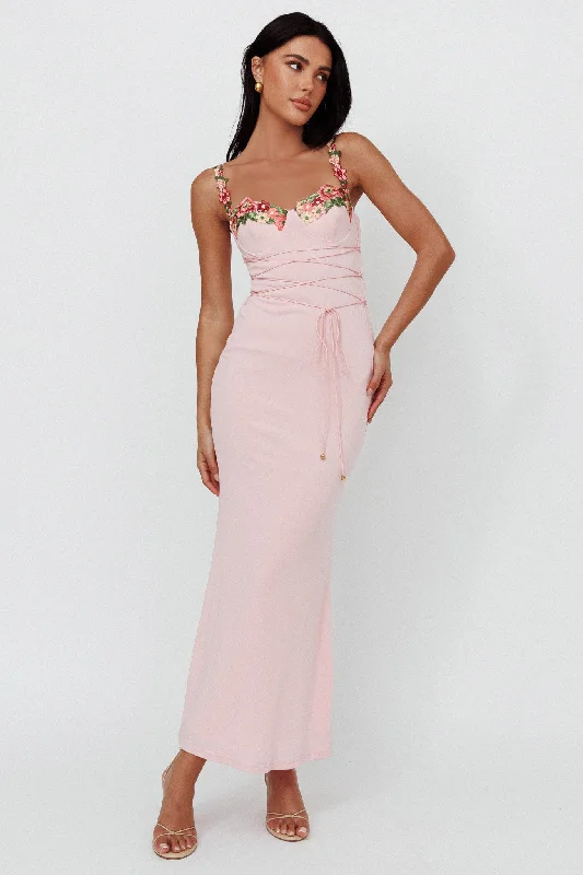 Rose Garden Floral Applique Laced Midi Dress Baby Pink Dynamic Women's Moto