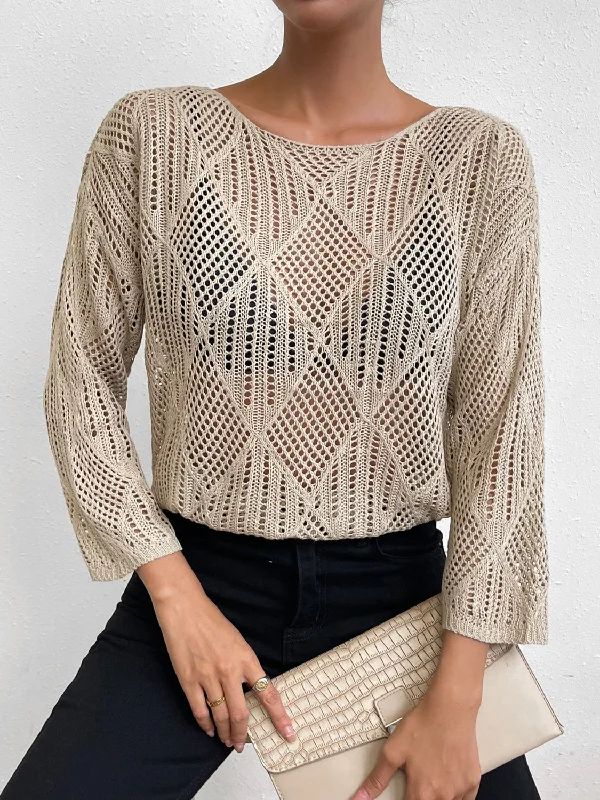 Openwork Round Neck Knit Top Sophisticated Women's Tailored