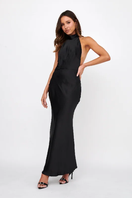 Italia Azure Halterneck Pearl Back Maxi Dress Black Preppy Women's College