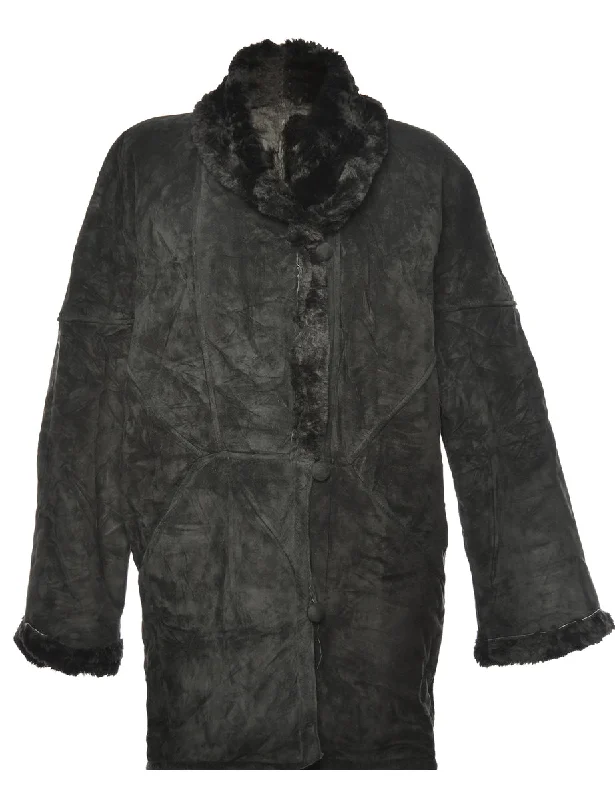 Shearling Lined Black Suede Coat - XL Elegant Women's Formal 