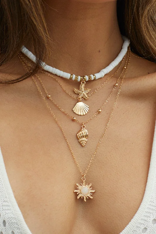 South Pacific Shell Starfish Multi-Layer Necklace Gold Minimalist Women's Casual