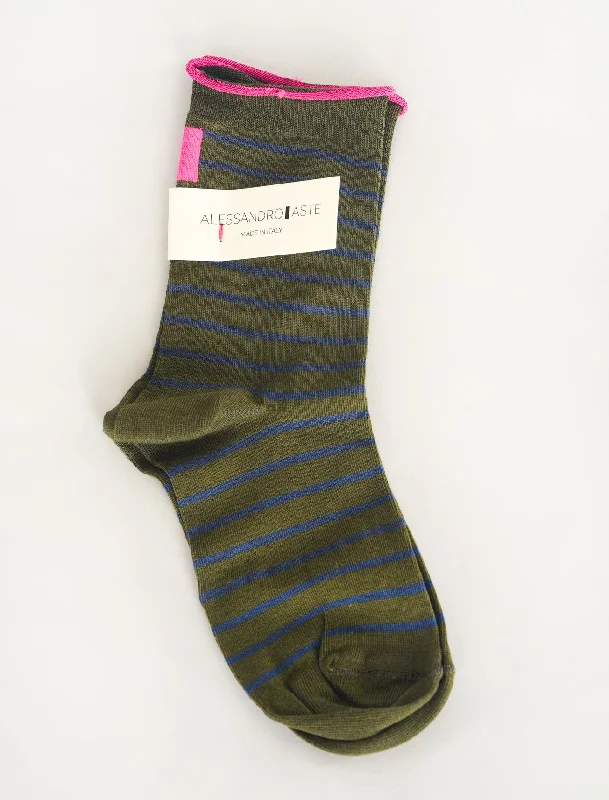 AA Classic Stripe Socks, Green/Navy Cozy Women's Sherpa - lined