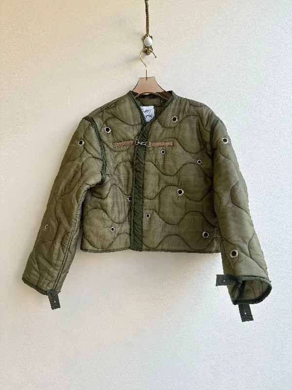 Olive Green Army Liner Quilted Coat w/ Silver Grommets & Clasp (Reworked) Disco