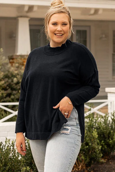 Plus Size Mock Neck Dropped Shoulder Sweater Cool Women's Distressed