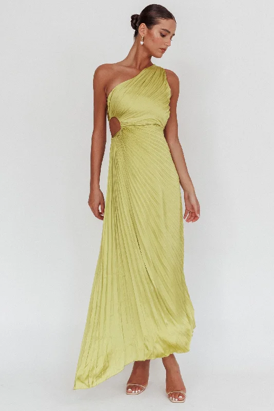 Amelie One-Shoulder Accordion Pleat Maxi Dress Lime Youthful Women's Pop