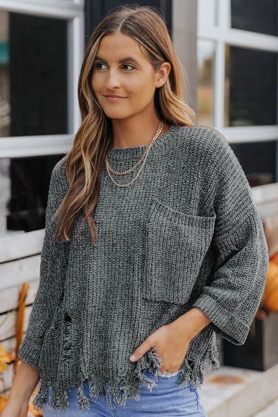 Distressed Pocketed Raw Hem Sweater Trendy Women's 