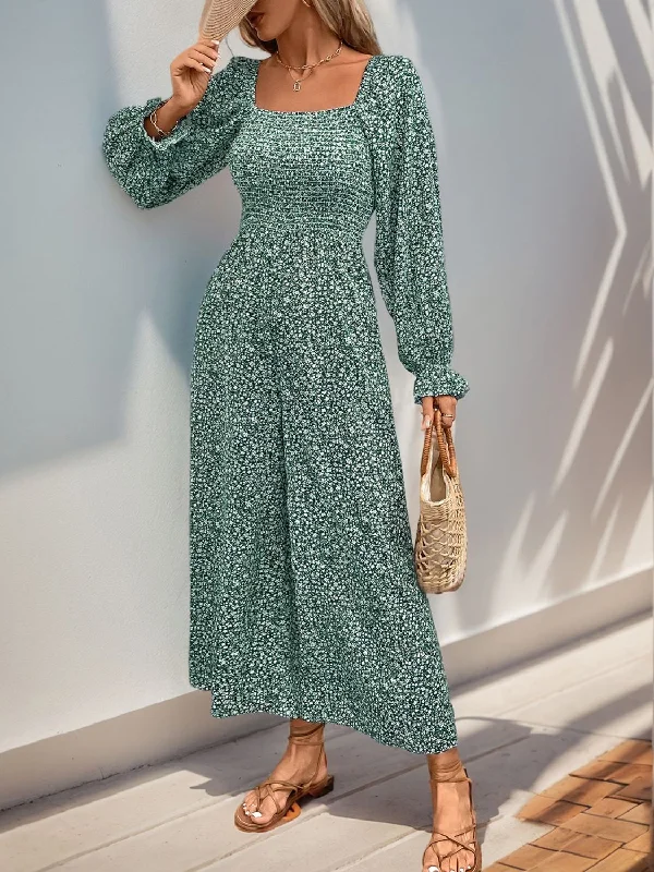 Perfee Smocked Printed Long Sleeve Wide Leg Jumpsuit Sporty Women's Tennis