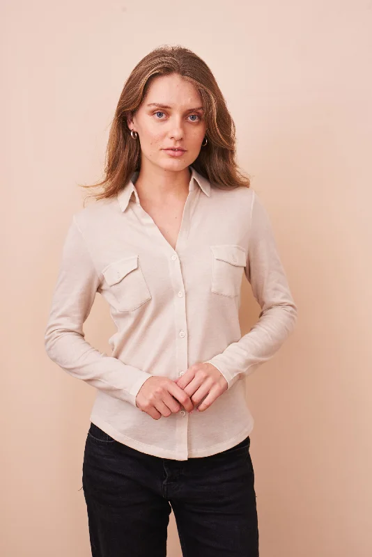 Cotton Cashmere Double Face Long Sleeve Pocket Shirt in Greige Cozy Women's Winter Cotton Cashmere Double Face Long Sleeve Pocket Shirt in Greige Cozy Women's Winter