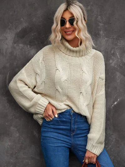 Cable-Knit Turtleneck Dropped Shoulder Sweater Compression