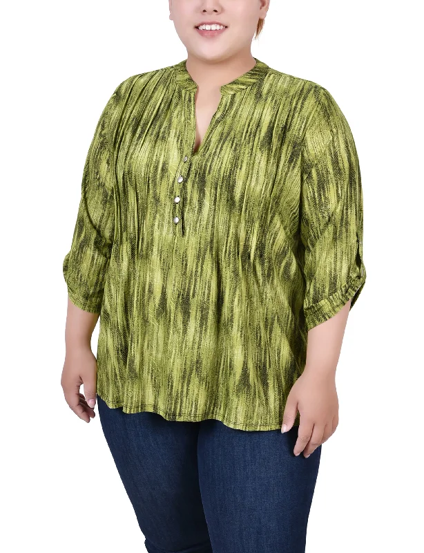 Plus Size 3/4 Roll Tab Sleeve Y Neck Top Sophisticated Women's 
