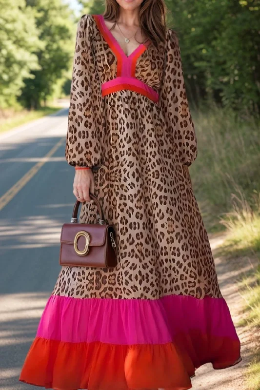 Leopard V-Neck Long Sleeve Maxi Dress Minimalist Women's Casual