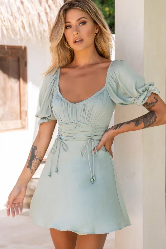 Bright Side Off-Shoulder Puff Sleeve Dress Pistachio Bohemian Women's Free