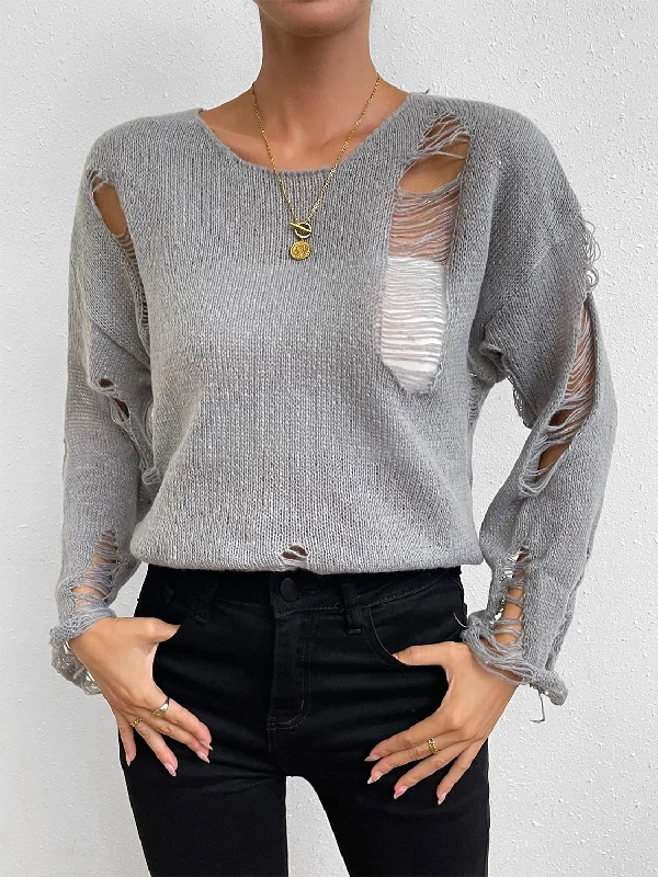 Distressed Round Neck Knit Top Cozy Women's Sherpa - lined