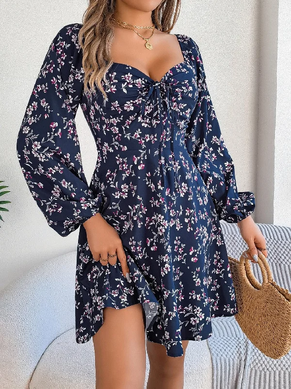 Printed Sweetheart Neck Balloon Sleeve Mini Dress Trendy Women's Oversized