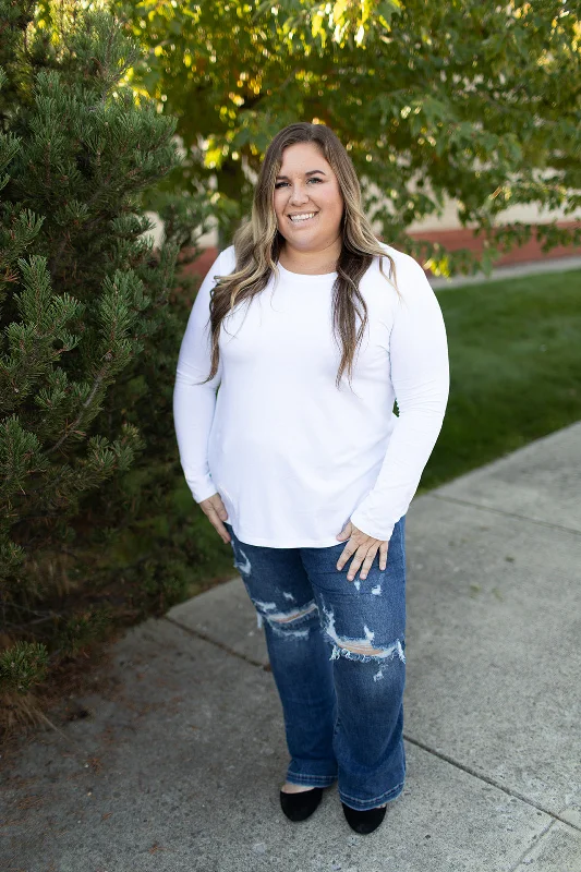 White Basic Cotton Long Sleeve Tee (SM-3X) Refined Women's 