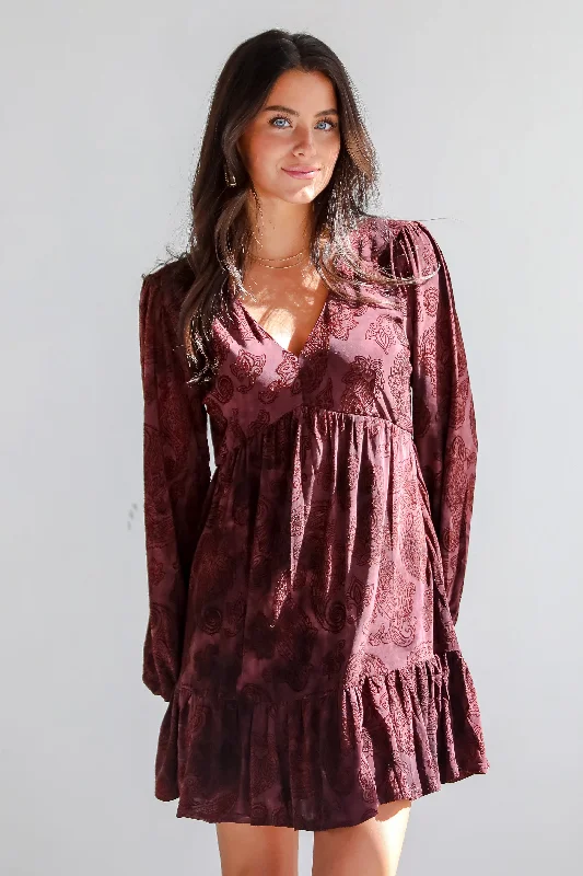 Signature Charm Wine Velvet Paisley Mini Dress Earthy Women's 