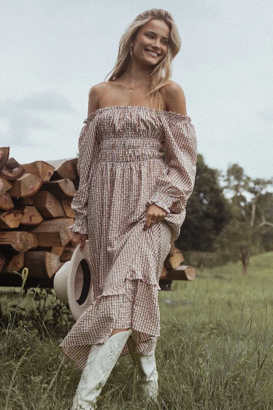 Torrie Maxi Dress - Brown Check Artistic Women's Hand - painted