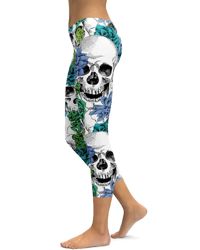 Blue Floral Skulls Capris Casual Women's Japanese 