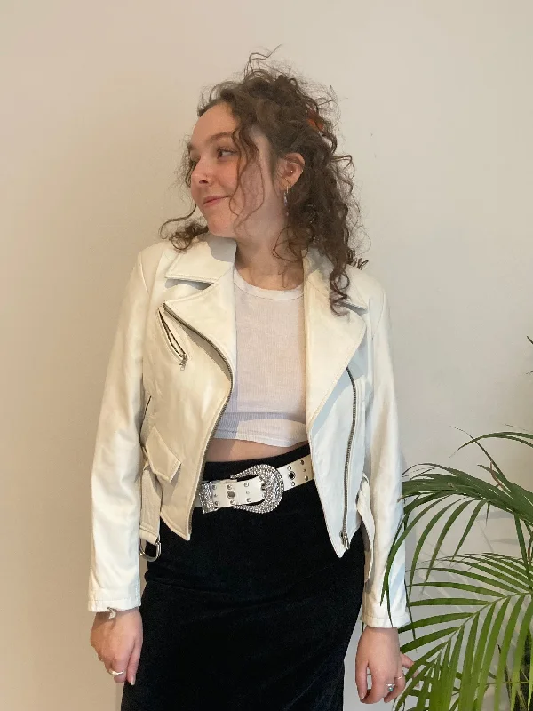White Leather Biker Jacket (XS-S) Hip Women's Retro