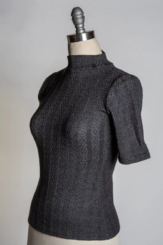 Denise Top - Pointelle Sweater, Black Heather Dapper Women's Bow - adorned