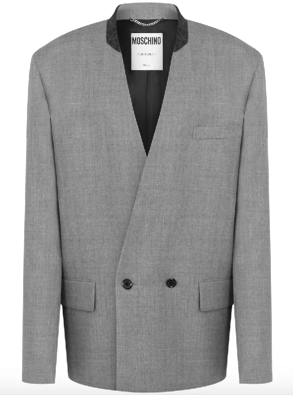 collarless double-breasted blazer in grey garde