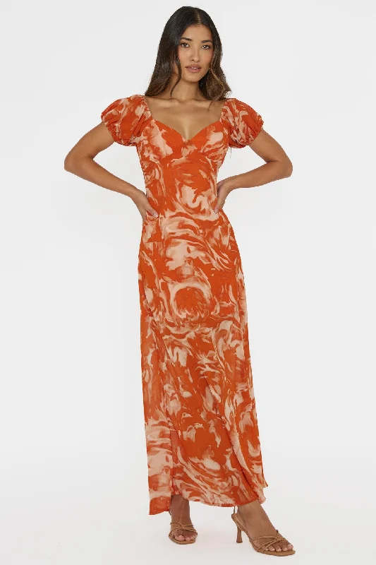 Park Avenue Puff Sleeve Midi Dress Print Orange Elegant Women's 