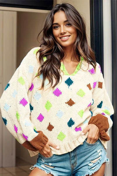Geometric Dropped Shoulder Hooded Sweater Vintage Women's 1970S 