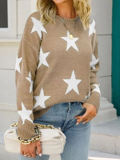 Star Round Neck Dropped Shoulder Sweater Refined Women's Classic 