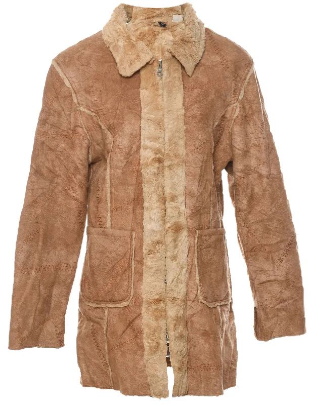 Light Brown Cosy Shearling & Trim Detail Coat - L Sleek Women's Metallic