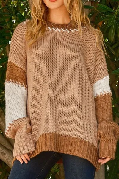 Color Block Round Neck Dropped Shoulder Sweater Cozy Women's Winter