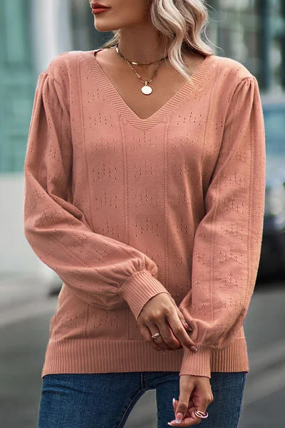 Eyelet V-Neck Lantern Sleeve Sweater Youthful Women's Anime - inspired