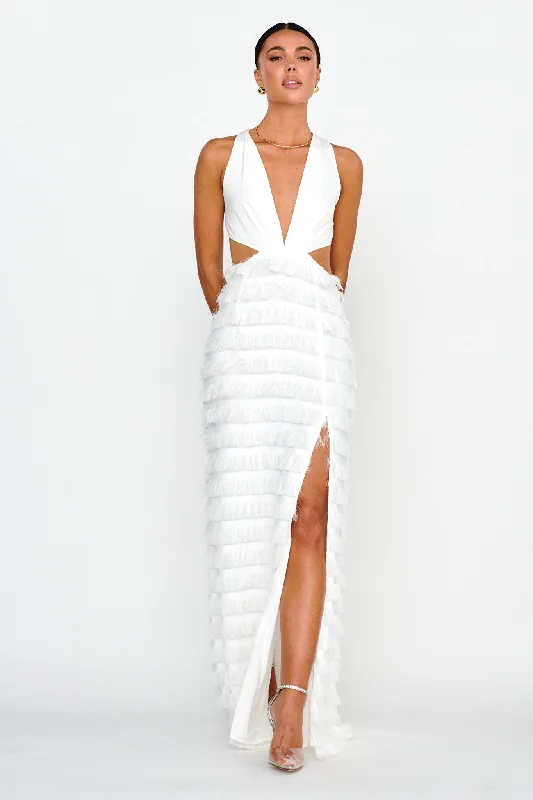 Bold Move Fringe Trim Maxi Dress Ivory Edgy Women's Punk