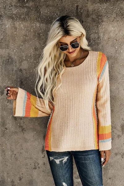 Striped Round Neck Long Sleeve Sweater Stylish Women's Tropical 