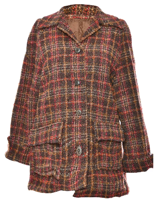 Checked Brown Wool Coat - M Cozy Women's Sherpa - lined