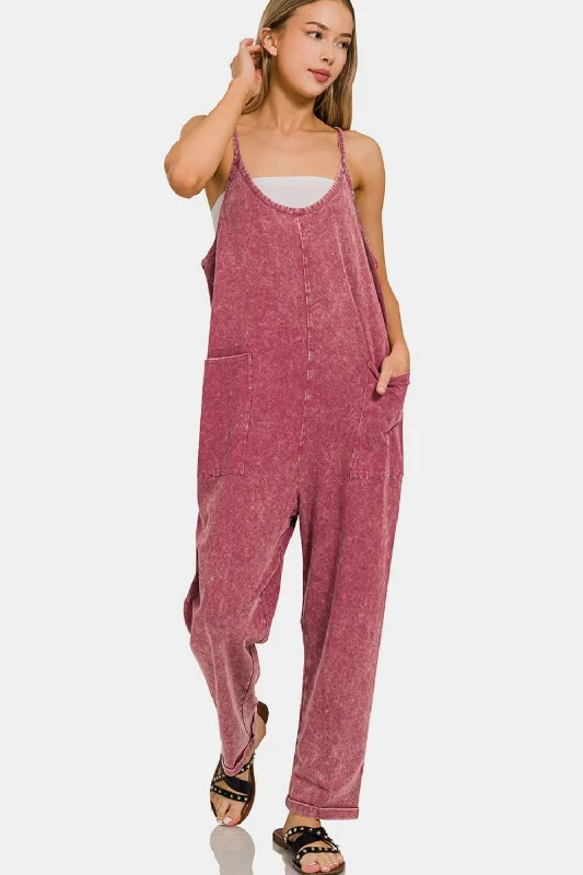 Zenana Washed Spaghetti Straps Overalls with Pockets Gym