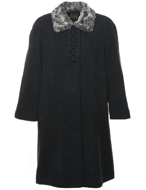 Black Faux Fur Trim Coat - L Sophisticated Women's 