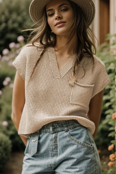 Pocketed V-Neck Cap Sleeve Sweater Vest Elegant Women's 