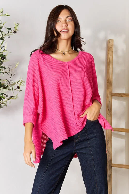Zenana Full Size Round Neck High-Low Slit Knit Top Traditional Women's Wool