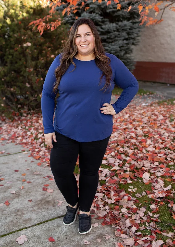 Lt Navy Basic Cotton Long Sleeve Tee (SM-3X) Polished Women's Silk