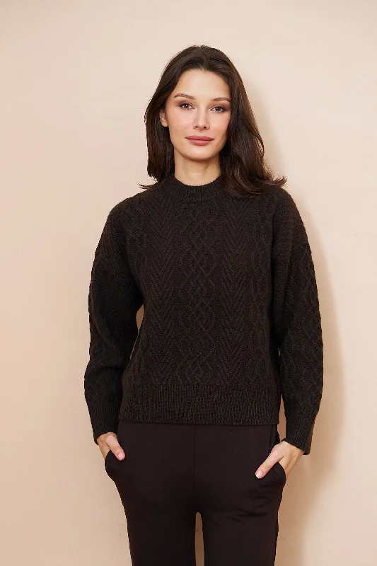 Majestic Yak Wool Cable Long Sleeve Crewneck in Chocolate Sharp Women's Italian