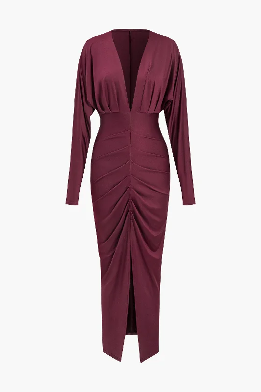 Ruched Long Sleeve V-Neck Maxi Dress British Gentlewoman Style