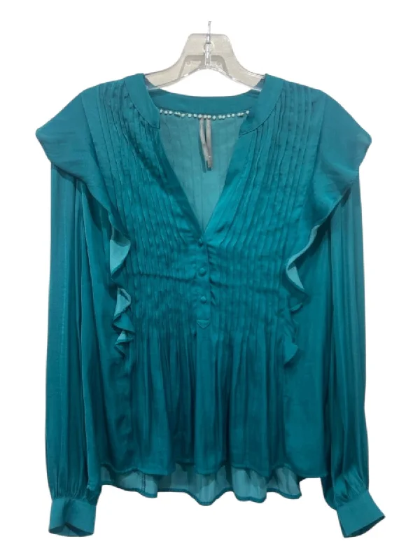By Anthropologie Size S Teal Green Polyester micropleats Quarter Button Top Preppy Women's College