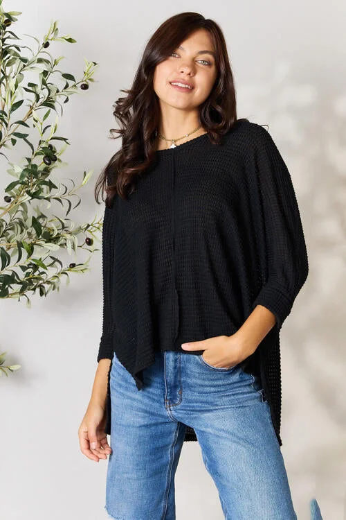 Zenana Full Size Round Neck High-Low Slit Knit Top Sporty Women's Tennis