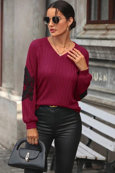 Ribbed Lace Detail V-Neck Sweater Hip Women's Urban