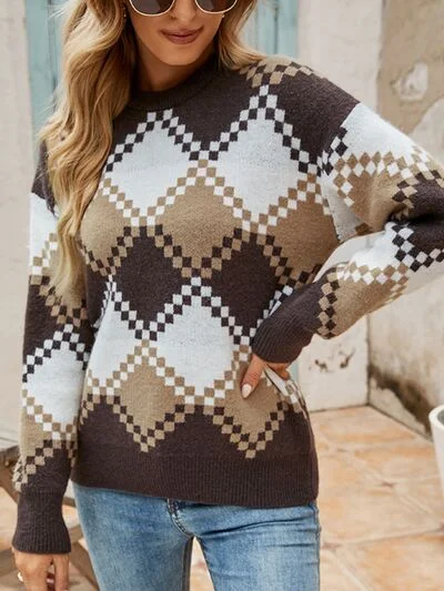 Plaid Round Neck Dropper Shoulder Sweater Classic Women's Tweed