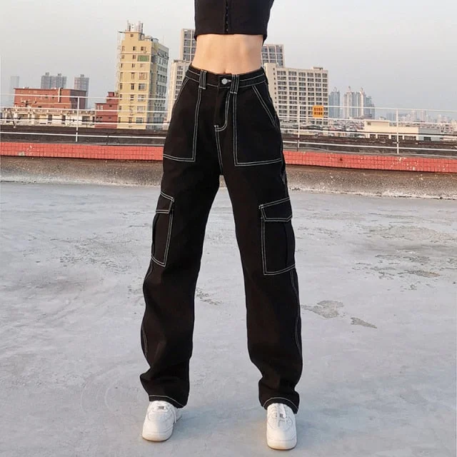 KittenAlarm - Brown Vintage Baggy Jeans Women 90s Streetwear Pockets Wide Leg Cargo Pants Y2K Low Waist Straight Denim Trousers Laid - back Women's Style